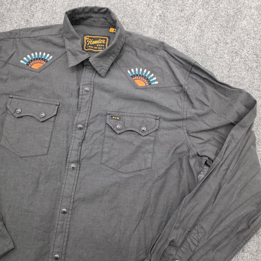 Howler Bros Gaucho Shirt Gray Long Sleeve Embroidered Snap Button Sunbeams - L